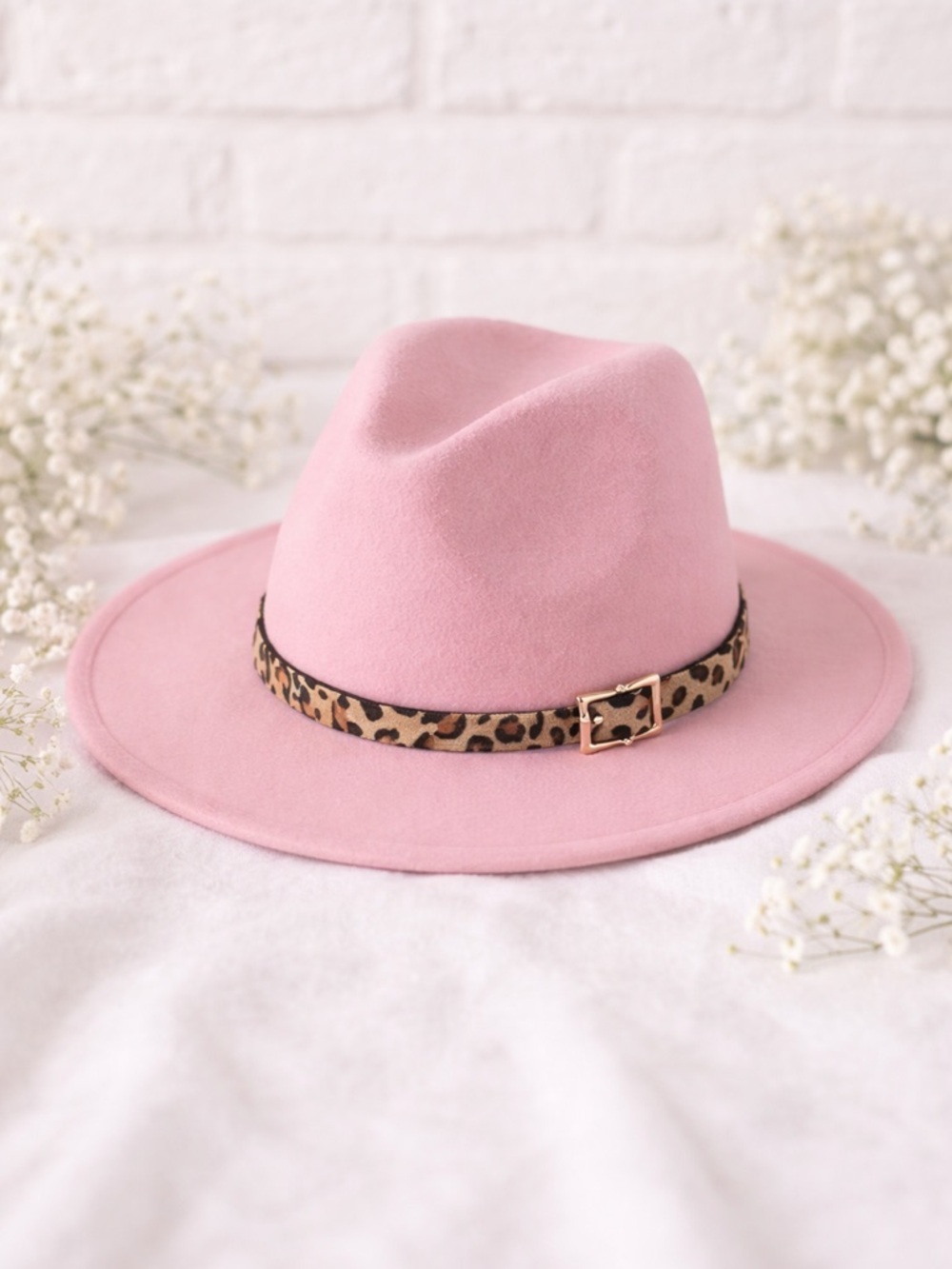 Blush Pink Wide Brim Fedora Hat w/ Leopard Print Band NEW